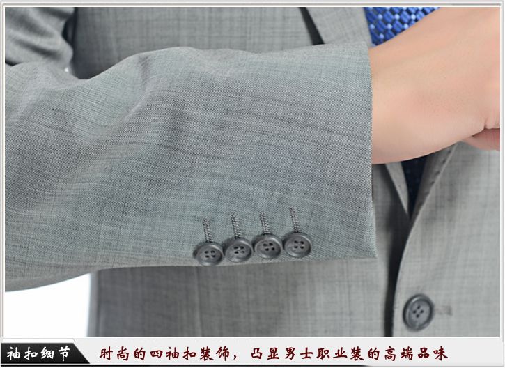 灰色平駁頭一?？勐殬I(yè)裝定制-袖口細(xì)節(jié)展示，時(shí)尚的西袖扣裝飾